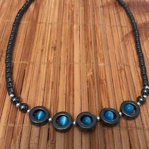 Vintage Handmade Hematite Necklace Blue Stones